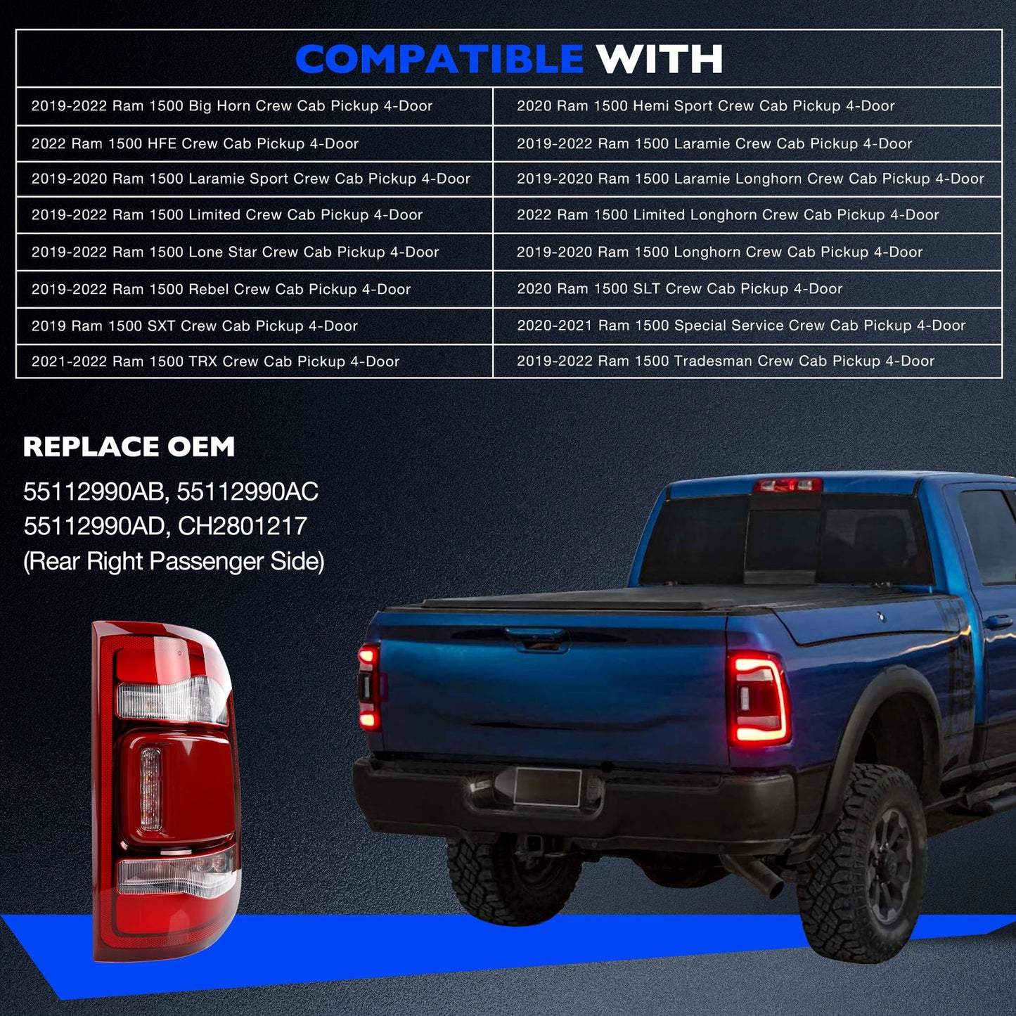 LED Brake Tail Light Lamp Rear Right Passenger Side For 2019-2024 Dodge Ram 1500