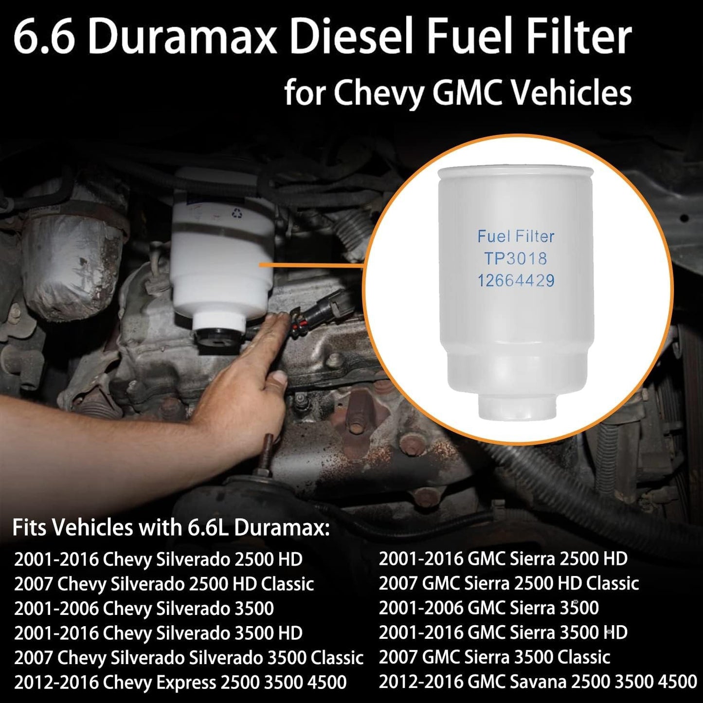TP3018 6.6 Diesel Fuel Filter Fit 01-16 Chevy Silverado Express GMC Sierra 2500