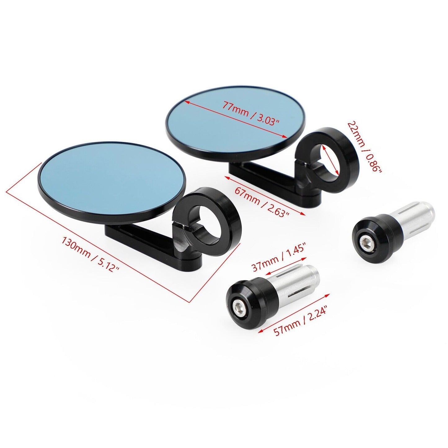 3" CNC Round Handlebar End Mirror, Shrot Arm, Black, 7/8"-1" BAR, Blue Glass