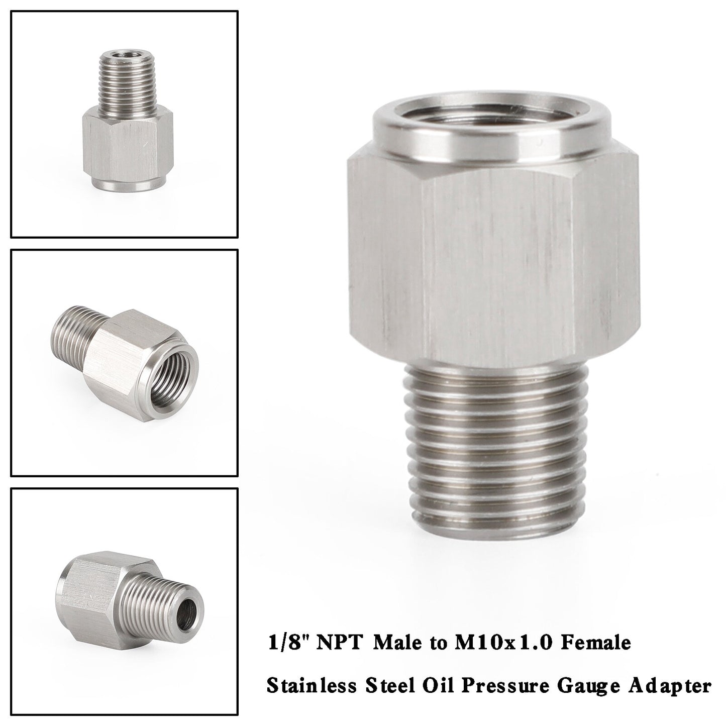 1/8" NPT Male to M10x1.0 Female Stainless Steel Oil Pressure Gauge Adapter V1
