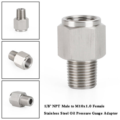 1/8" NPT Male to M10x1.0 Female Stainless Steel Oil Pressure Gauge Adapter V1