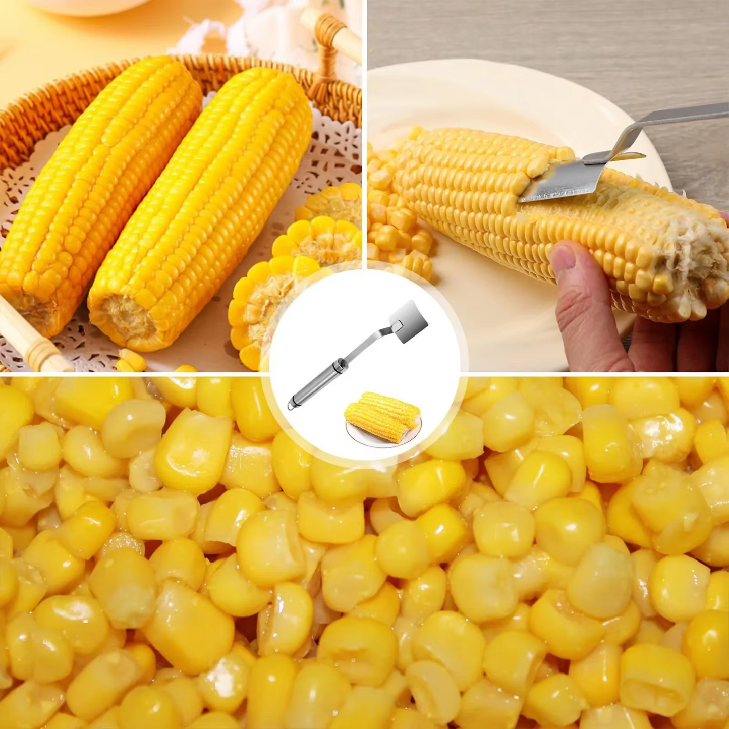 2PC Corn Peeler Stainless Steel Corn Cob Stripping Tool w/ Hook Long Handle Corn