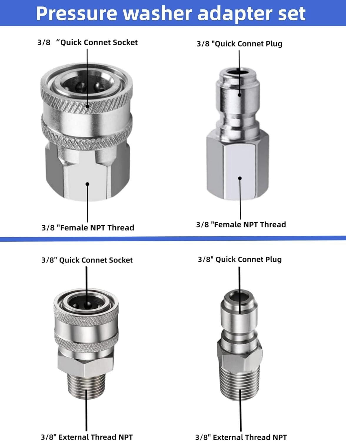 Pressure Washer Adapter Set Quick Connect Kit 5000PSI (3/8 inch quick connector)