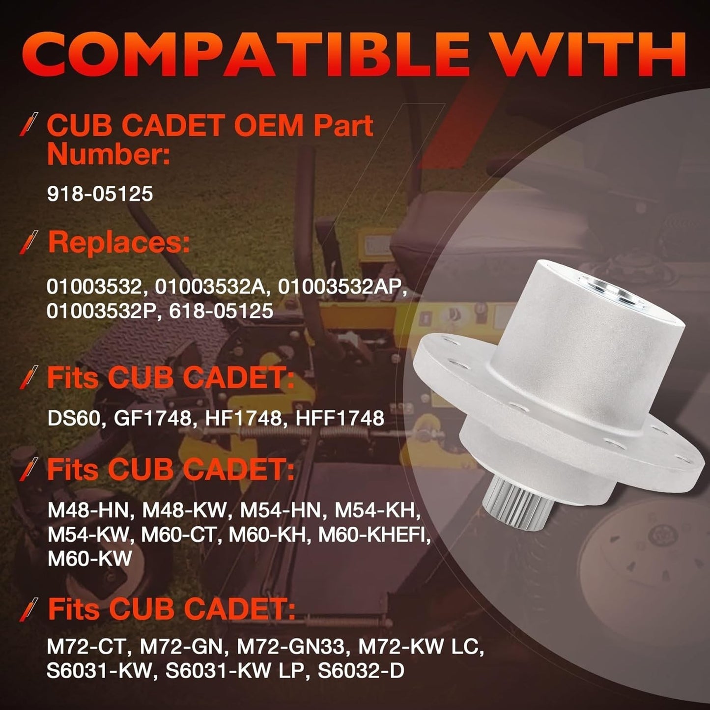 For MTD Cub Cadet M48 M60 M72 DS60 S6031 S6032 GF1748 918-05125 Deck Spindle