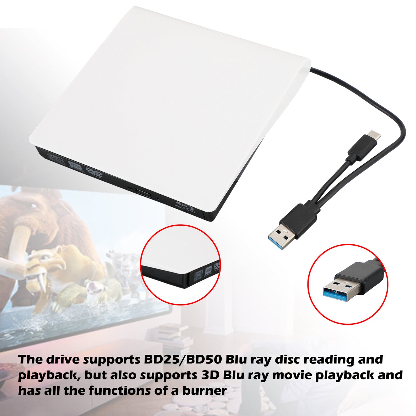 2 IN 1 USB&Type-c External  Disc Writer + Reader Burner for Mac Windows