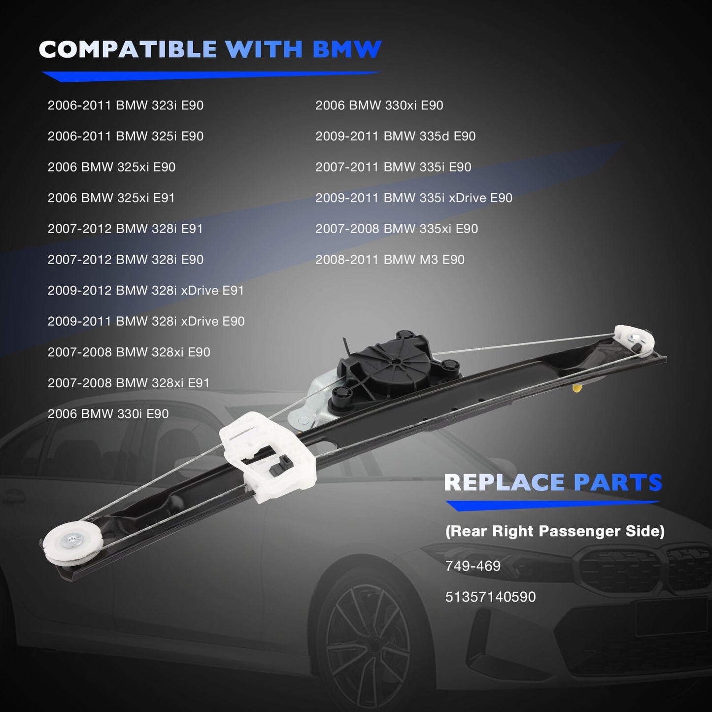Power Window Regulator Rear Right For BMW E90 E91 328i 335i 330i 335d M3 323i
