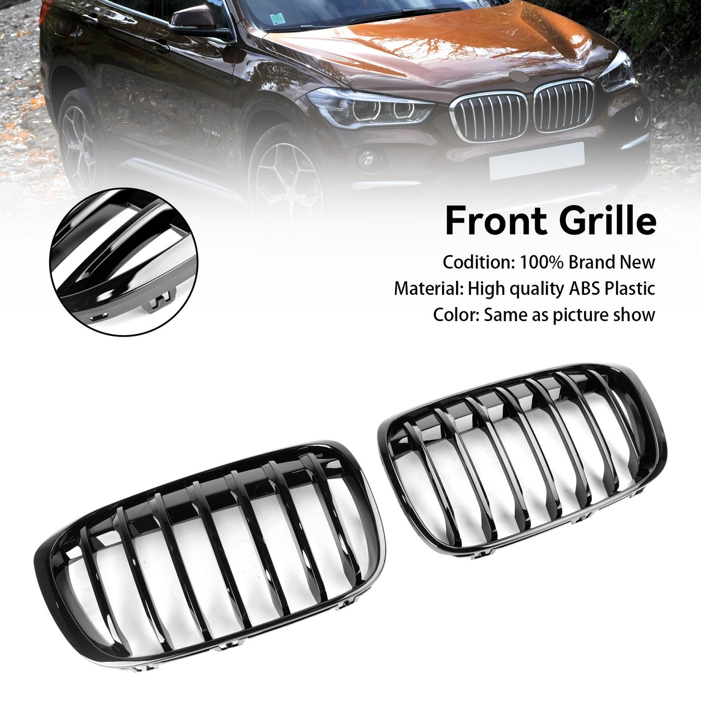 2PCS Gloss Black Front Kidney Grille Grill Fit BMW X1 F48 F49 2016-2018 2017