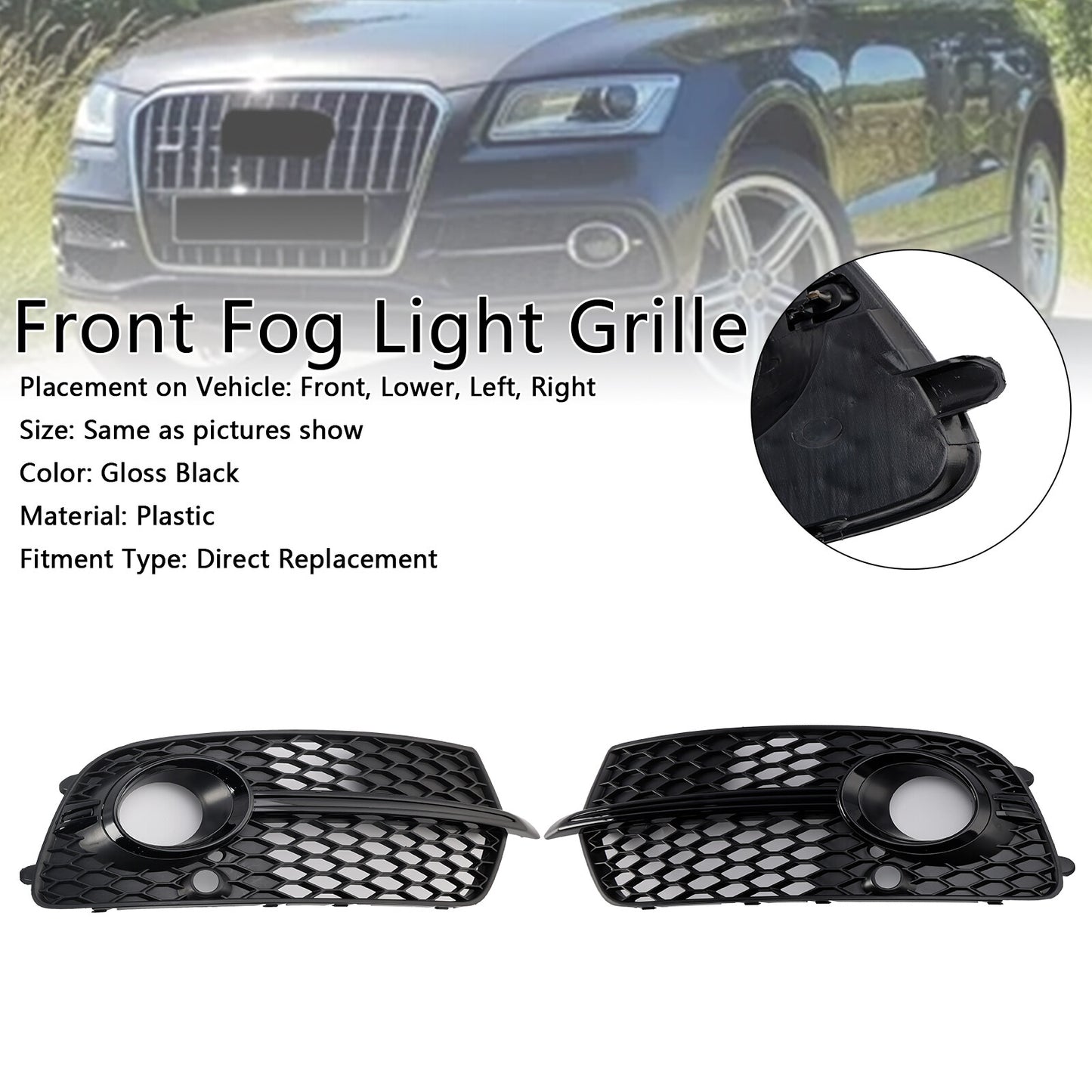 Front Bumper Fog Light Grill Grille Fit Audi Q5 S-Line SQ5 2013~2017 Black