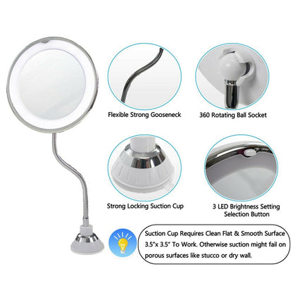 10X Flexible Gooseneck Makeup Mirror with LED Light Bathroomuction Cup 7" USA