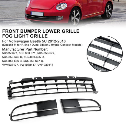 Front Bumper Lower Grille + Fog Light Grill Fit VW Beetle 2012-2016 W/ Chrome