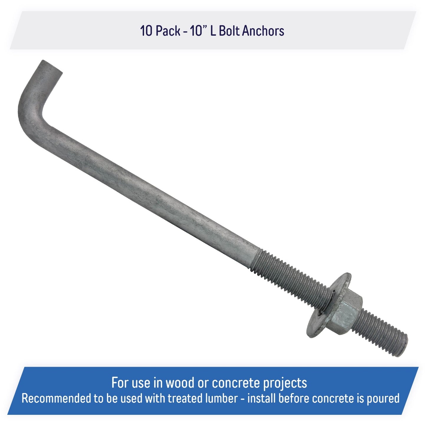 5/8" x 10-inch Galvanized Threaded Anchor Bolts for Wood, Concrete (10 Pack)