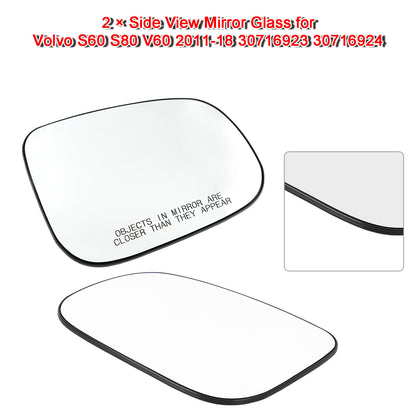 2 × Side View Mirror Glass for Volvo S60 S80 V60 2011-18 30716923 30716924