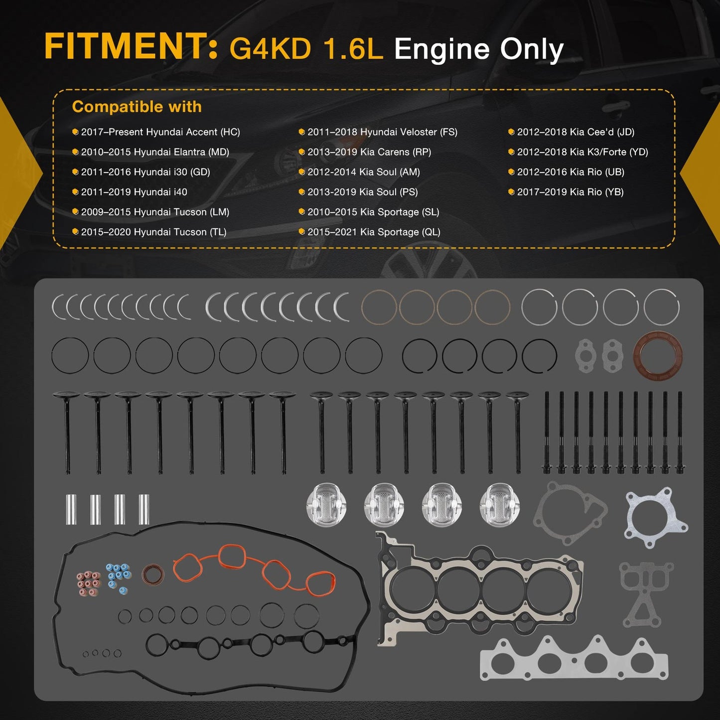 G4FD 1.6L Engine Rebuild Overhaul Kit Pistons & Rings Kit For Hyundai Kia Soul
