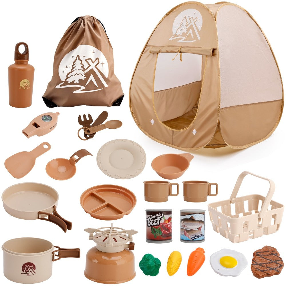 25Pcs Forest Adventure Pretend Play Set Cooking Tools Kids Camping Set with Tent
