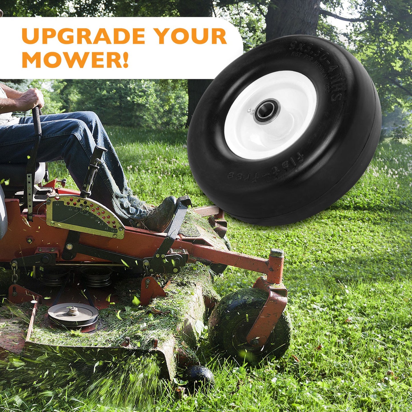 2x 9x3.50-4 Front Flat Free Tire Wheel Set w/ Bearings For Zero-Turn Lawn Mower