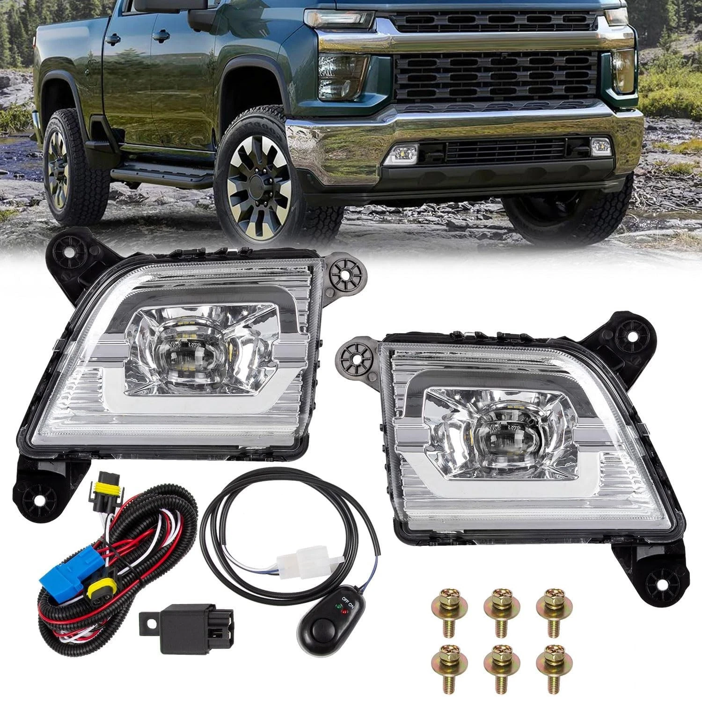 2x Front Driving LED Fog Lights w/ Switch & Wiring Kit For 19-23 Chevy Silverado
