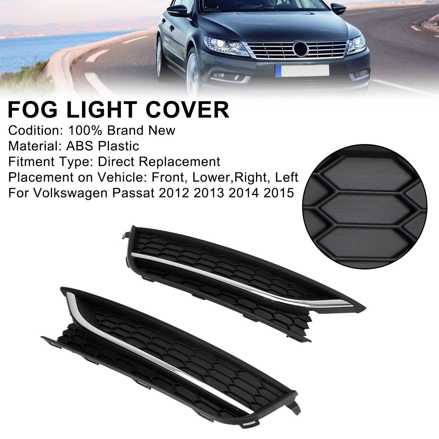 2PCS Front Driving Fog Light Cover For VW Passat 2012-2015 Black/Chrome