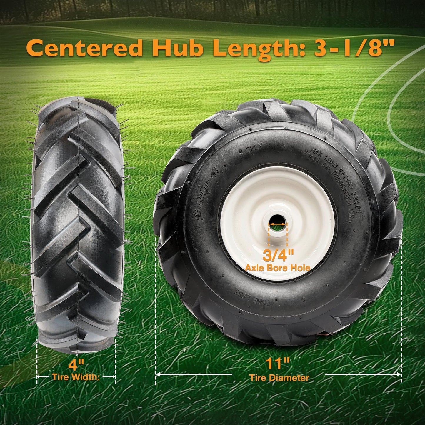 2x 11x4.00-4" Tiller Tire ＆ Wheel For 3-1/8" 3/4" Axle Size Craftsman Troy-Bilt