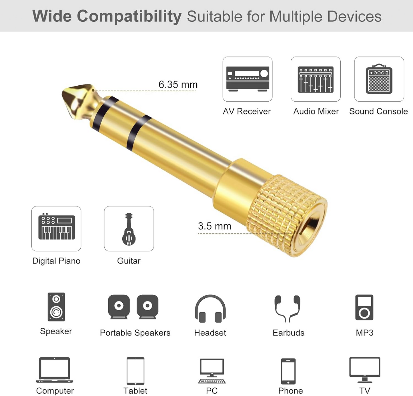 5x TRS Stereo Audio Headphone Adapter 6.35mm 1/4" Male to 3.5mm 1/8" Female Jack