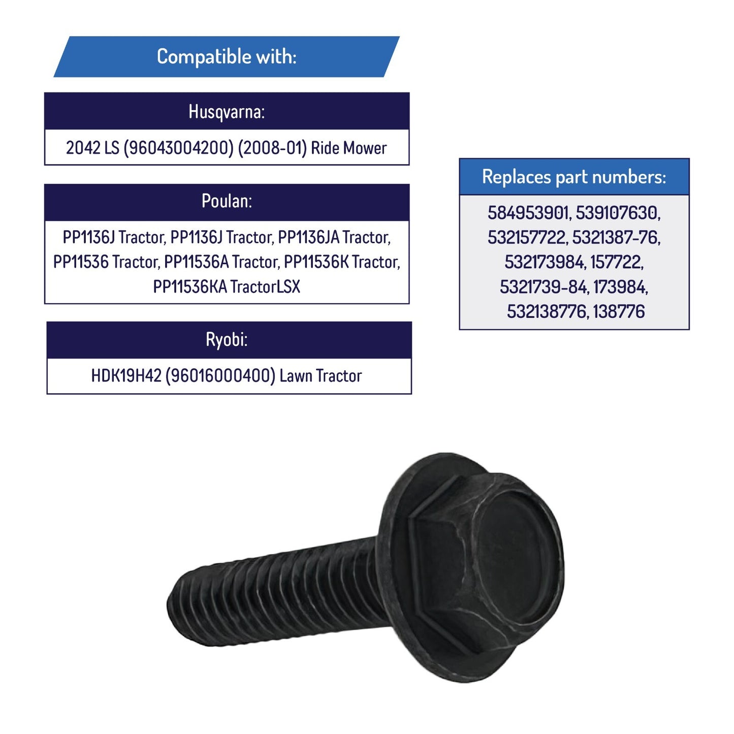 Blade Spindle Hex Head Screw Bolt for Husqvarna, Poulan - 584953901, 539107630
