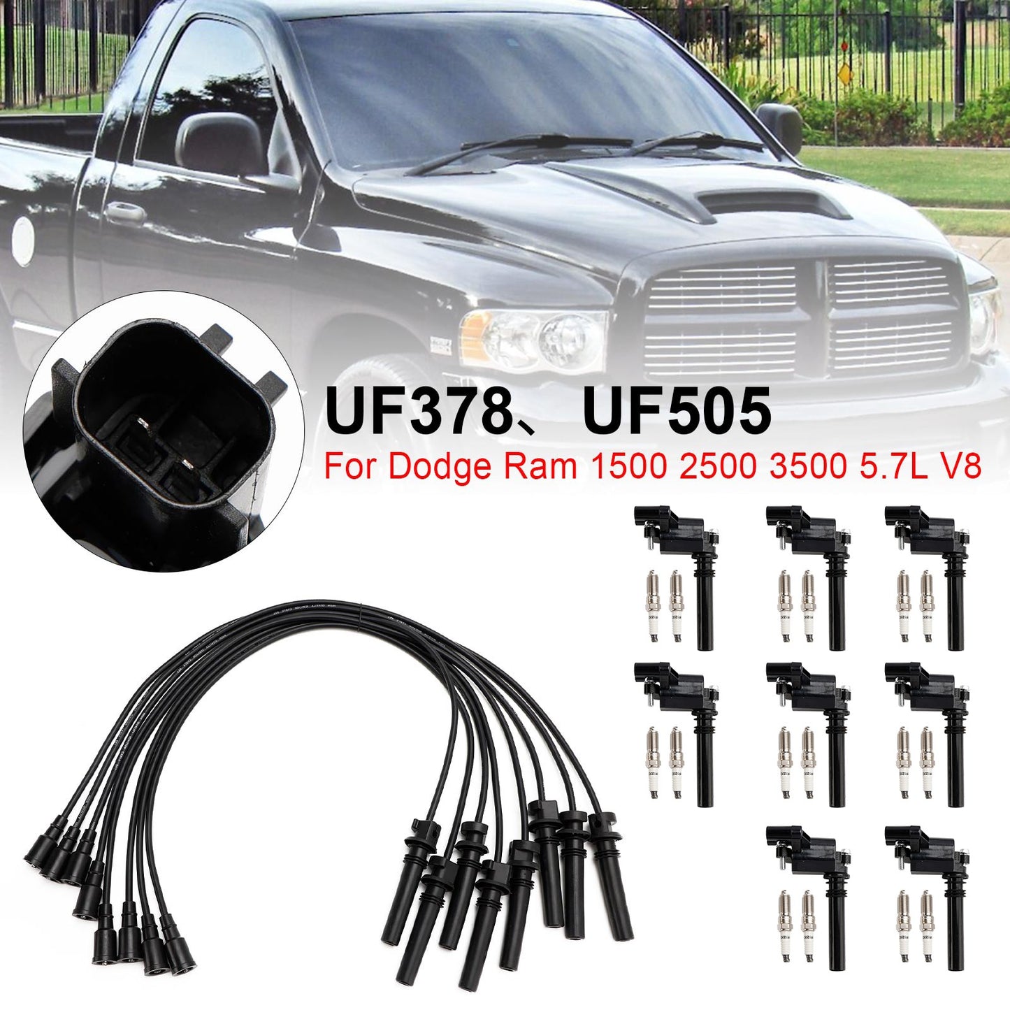 UF378 Ignition Coil+Spark Plug+Wire set For Dodge Ram 1500 2500 3500 5.7L V8  ..