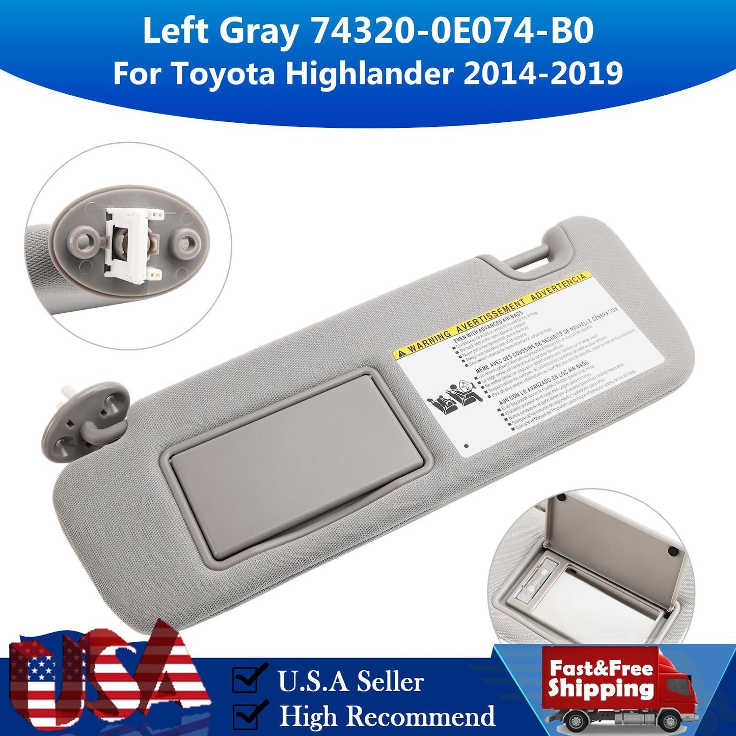 Left Sun Visor W/Vanity Light Gray 74320-0E074-B0 For Toyota Highlander 2014-19