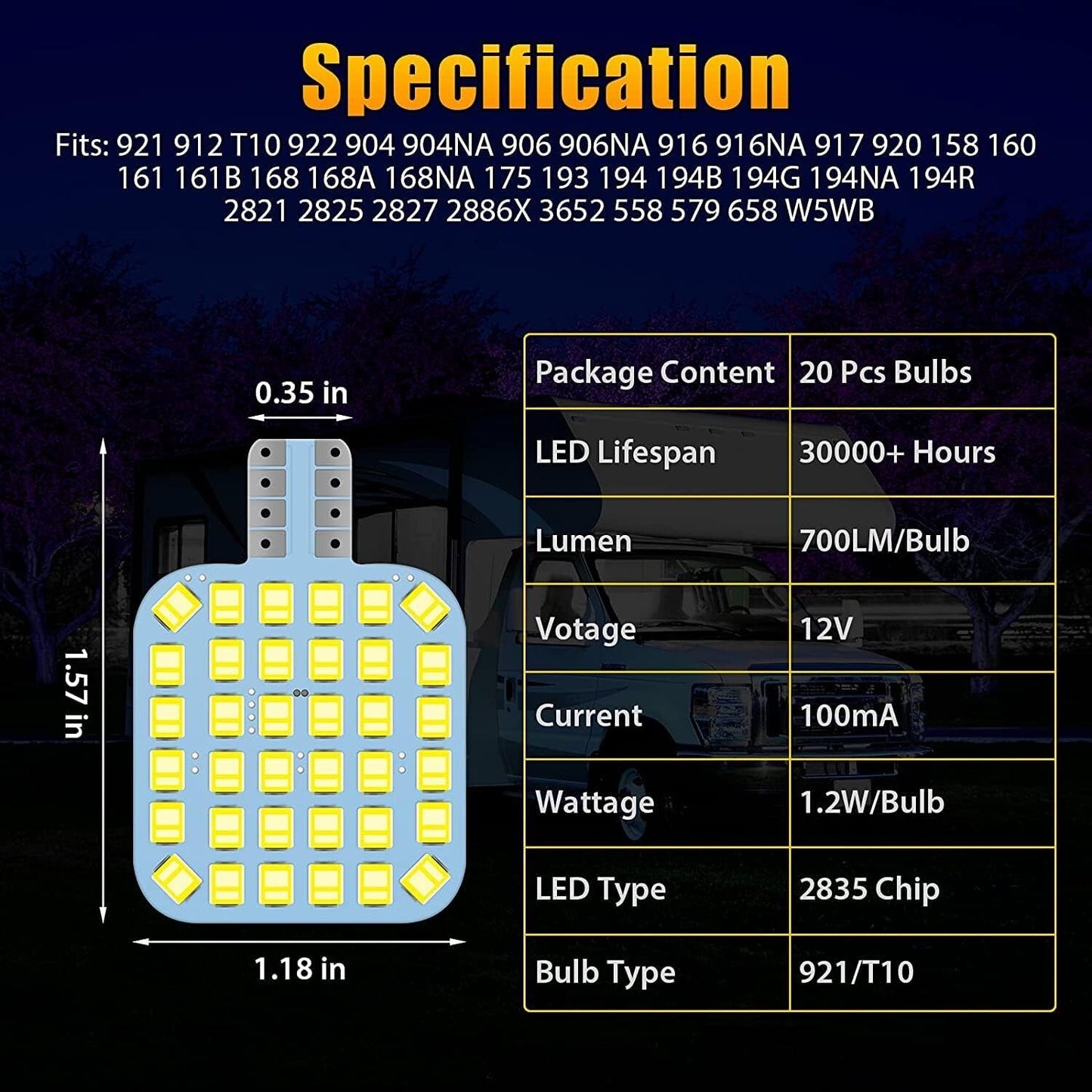 20x Super White LED T10/921/194 36SMD RV Camper Trailer Interior Light Bulbs 12V