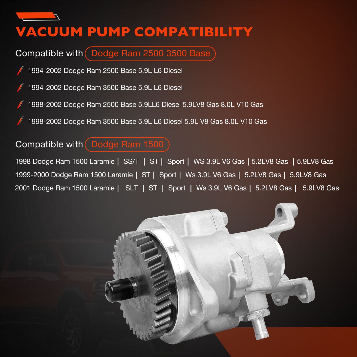 Gear Driven Vacuum Pump For Dodge 94-02 Ram 2500 3500 5.9L Cummins Diesel 904810