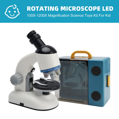 Rotating Microscope LED 100X-1200X Magnification Science Toys Kit For Kid White