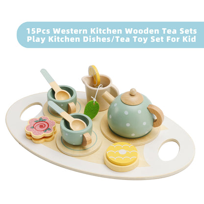 15Pcs Western Kitchen Wooden Tea Sets Play Kitchen Dishes/Tea Toy Set For Kid