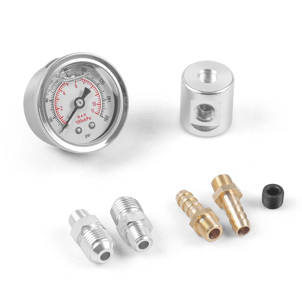 Universal 1/8 NPT Fuel Pressure Regulator Gauge Liquid Filled Polished+Adapter