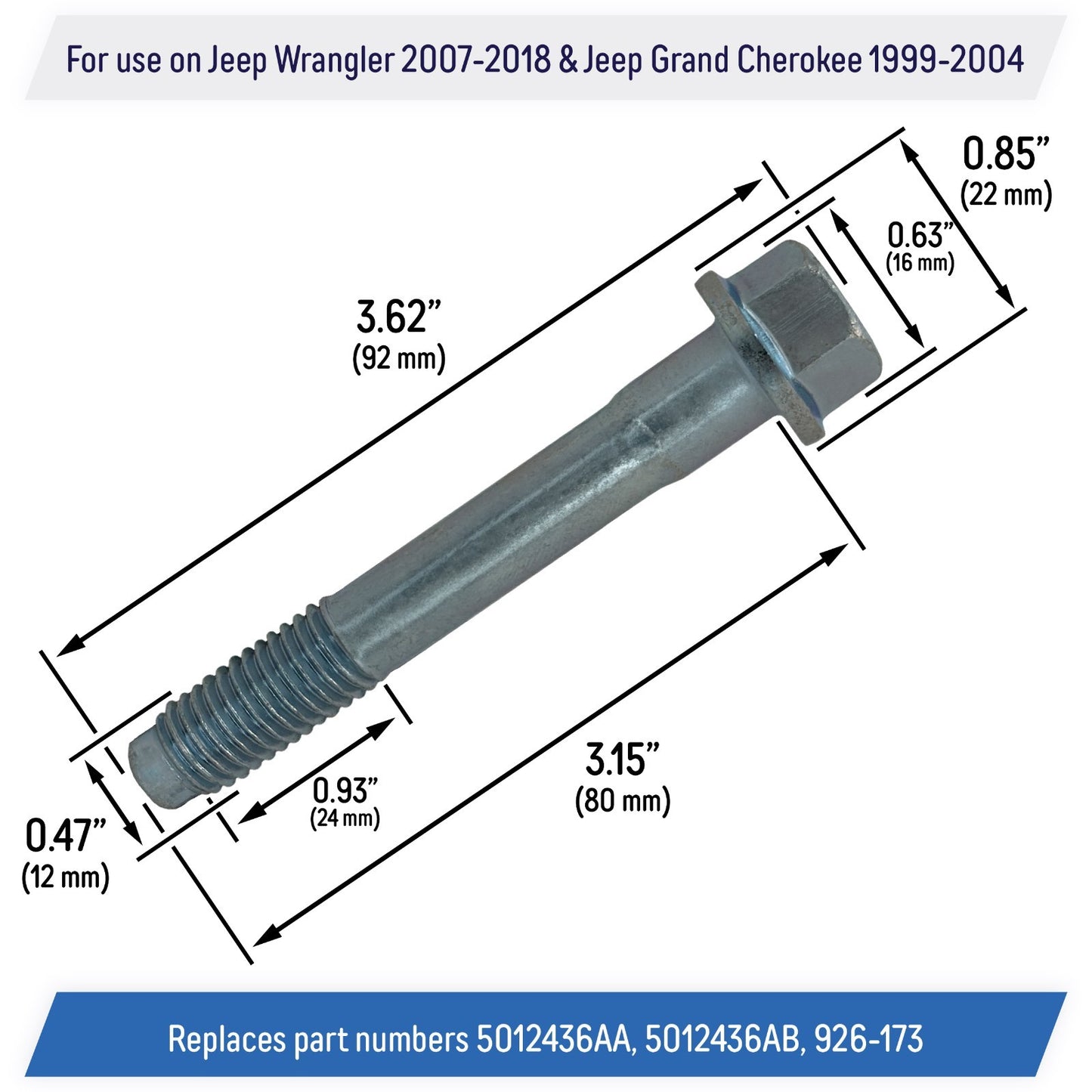 Front Wheel Hub Bolt for Jeep Wrangler Grand Cherokee - 926-173, 5012436AA (3)