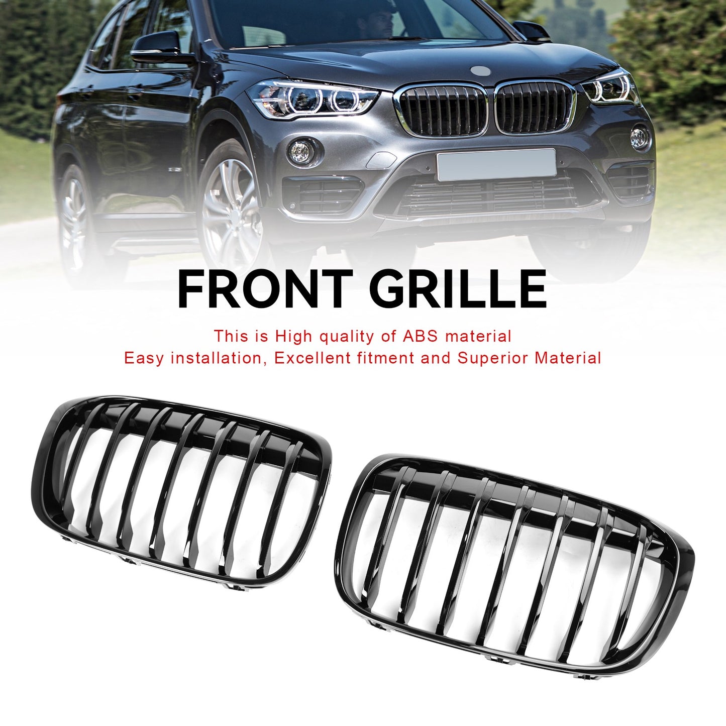 2PCS Gloss Black Front Kidney Grille Grill Fit BMW X1 F48 F49 2016-2018 2017