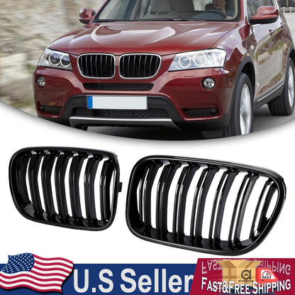 Gloss Black Front Bumper Kidney Grille Grill Fit BMW X3 F25 2011-2014 Dual Line