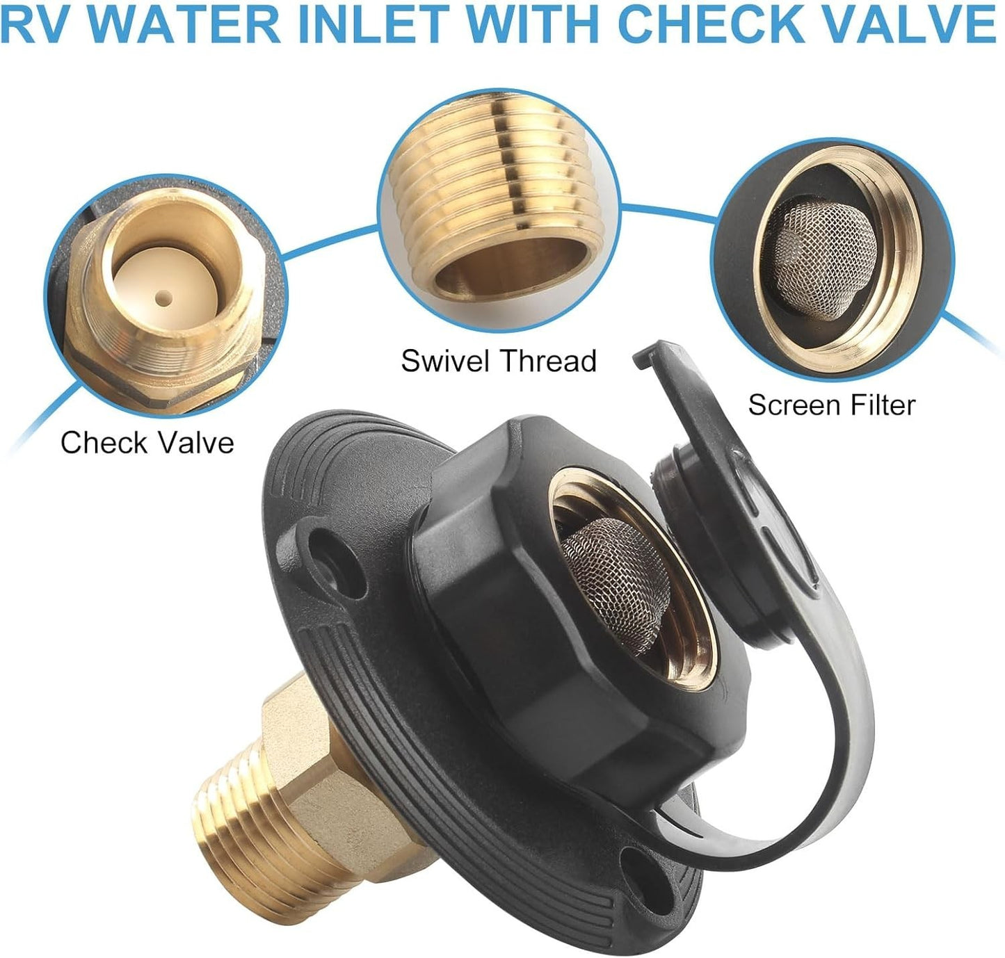 RV City Water Fill Inlet Connection with Check Valve Flange Brass Hose Connector