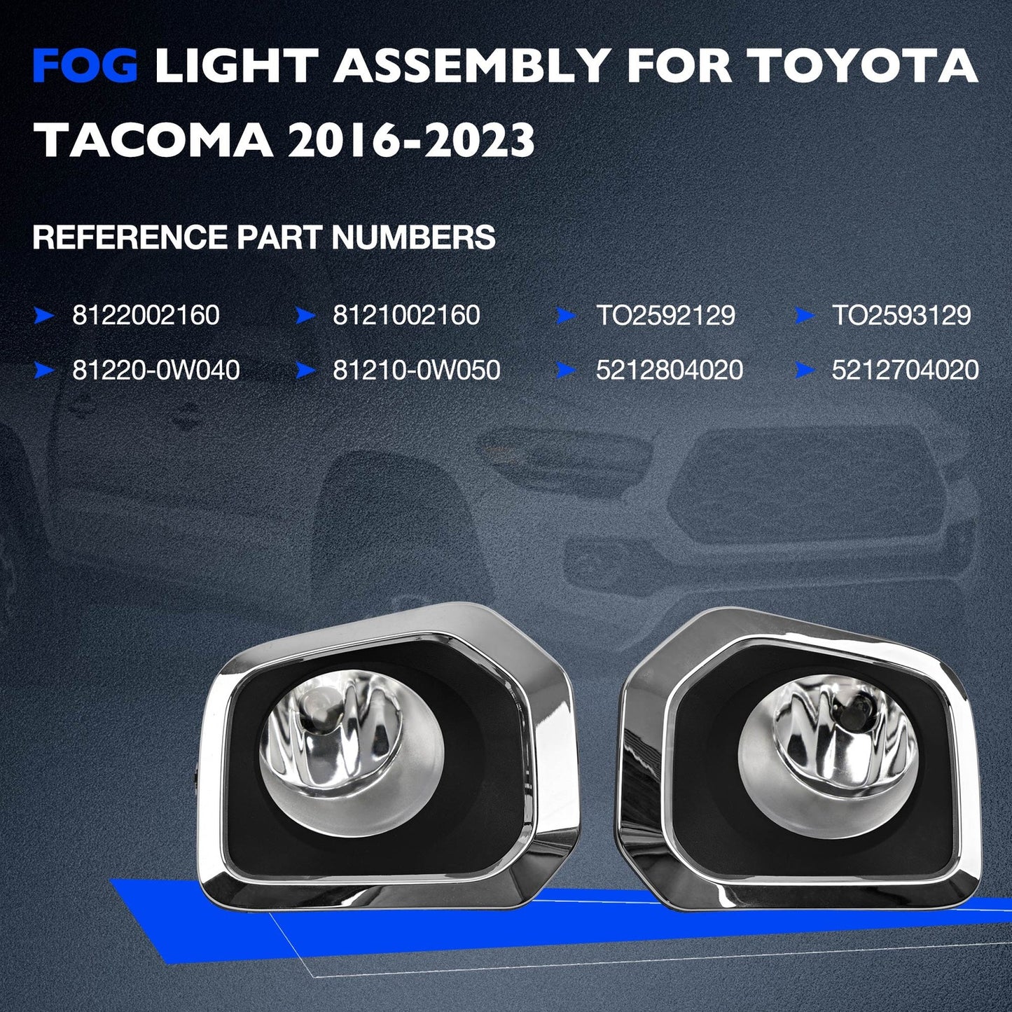 Front Bumper Fog Light Lamp Kit w/ Chrome Trim Bezel Fit 2016-2023 Toyota Tacoma