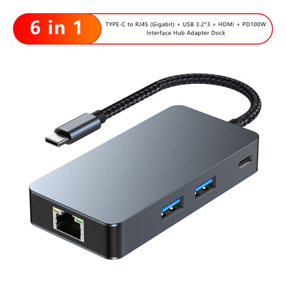 6 in 1 TYPE-C to RJ45 Gigabit USB 3.2 HDMI PD100W Interface Hub for MacBook iPad