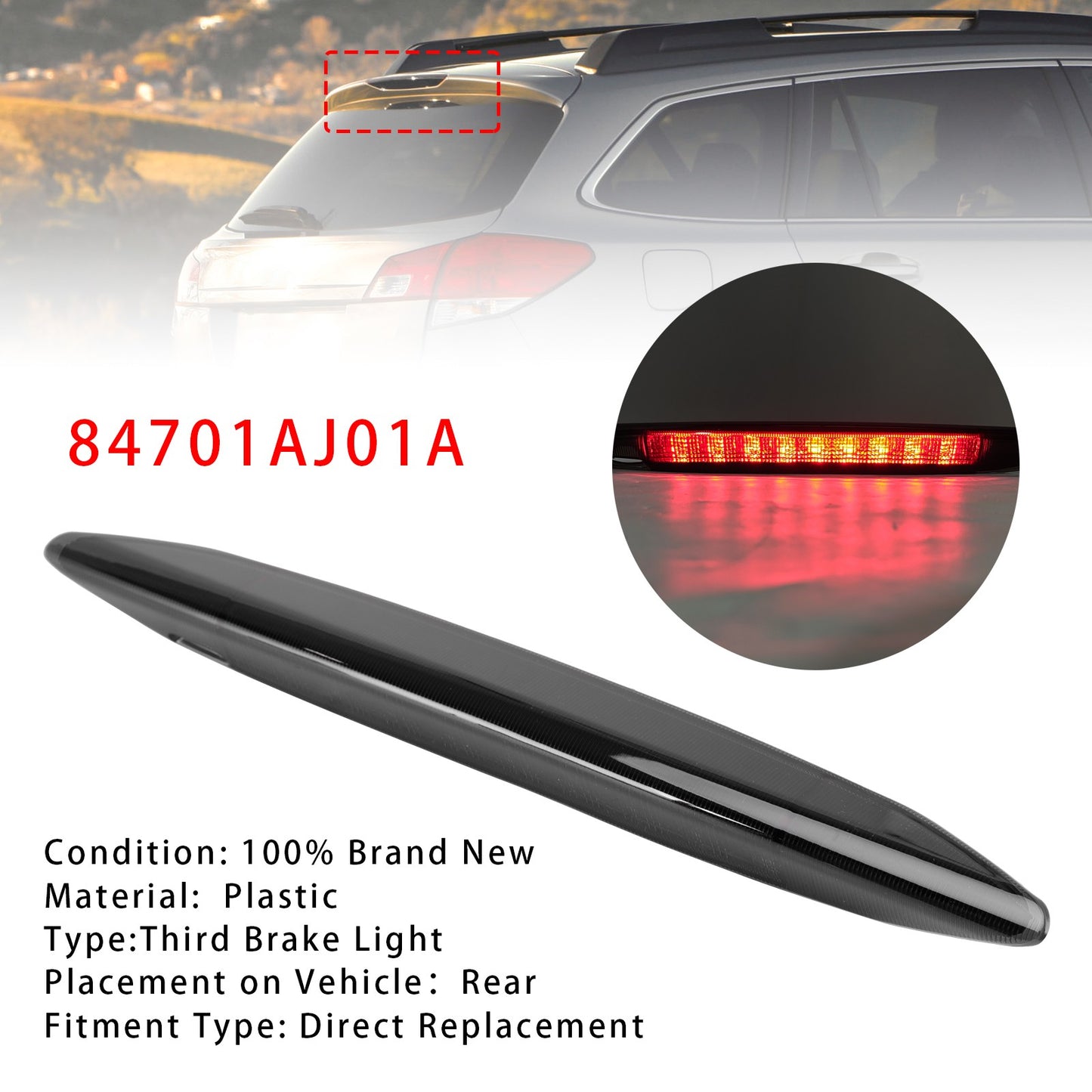 High Mount Third Brake Light Lamp 84701AJ01A For Subaru Outback 2010-2014 BLK