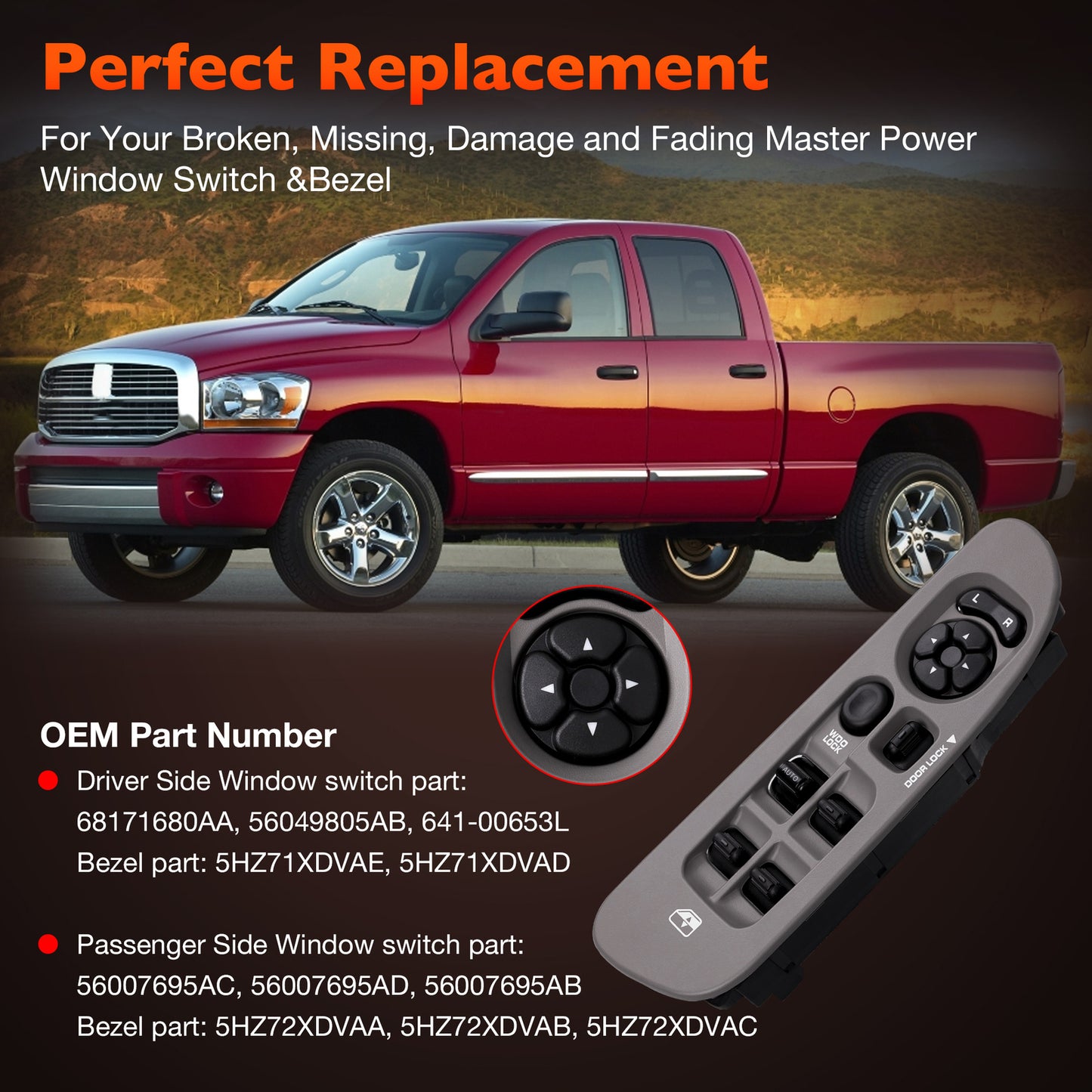 Power Window Door Lock Mirror Switch LH RH w/ Bezel Set For 01-09 Dodge Ram 1500