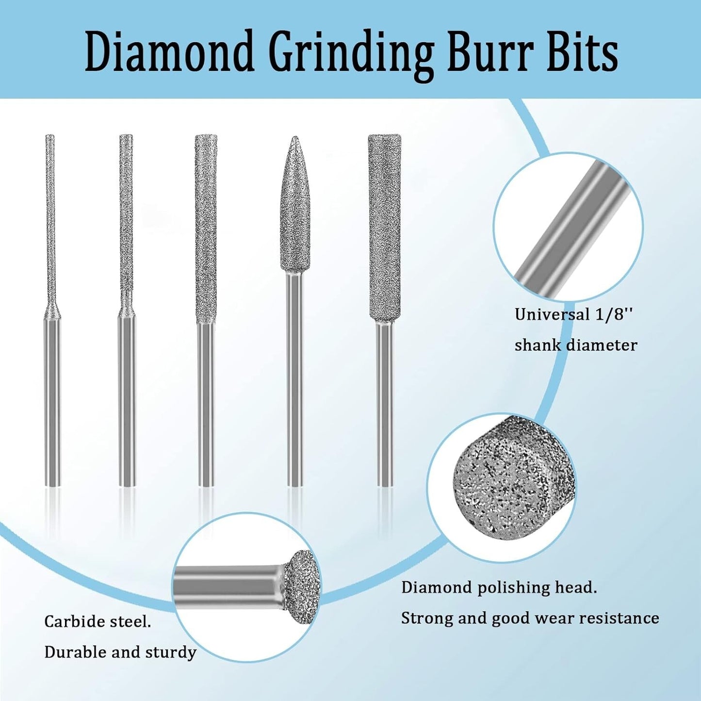 11Pcs Diamond Burr Stone Carving Grinding Bits 1/8" Shank for Dremel Rotary Tool