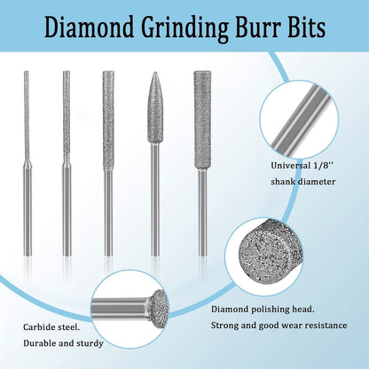 11Pcs Diamond Burr Stone Carving Grinding Bits 1/8" Shank for Dremel Rotary Tool