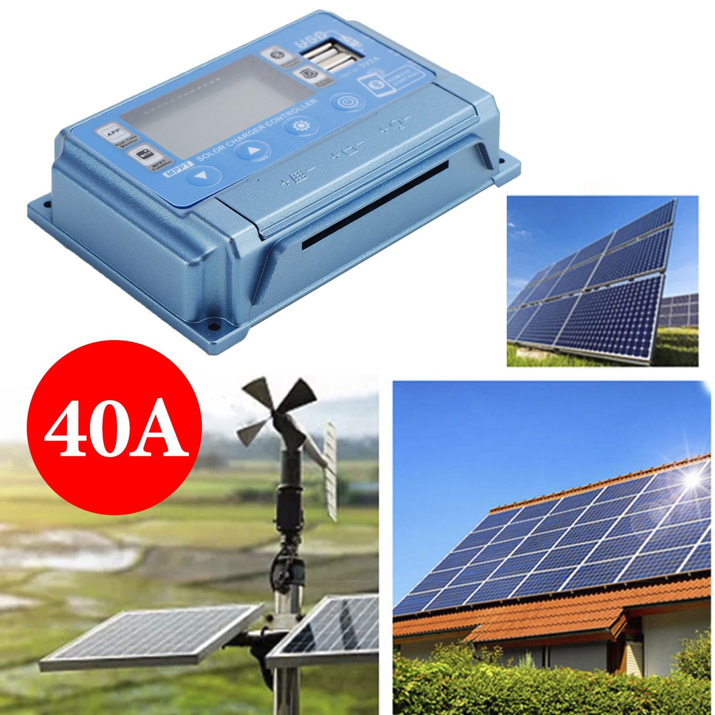 40A MPPT APP Solar Charge Controller Charger Fits 12V-60V LiFePO4 Battery Blue