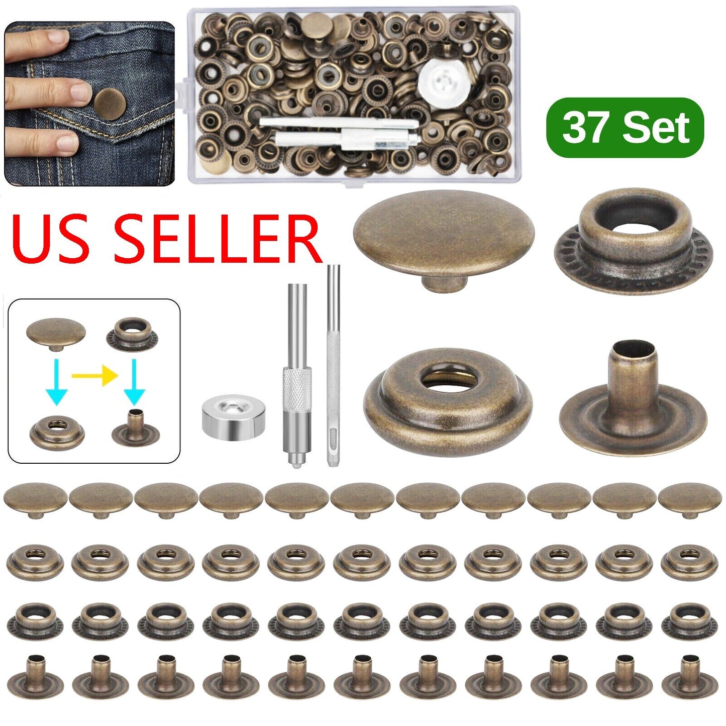 37 Sets Snap Fastener Kit 15MM Press Stud Cap Button Marine Boat Canvas Leather