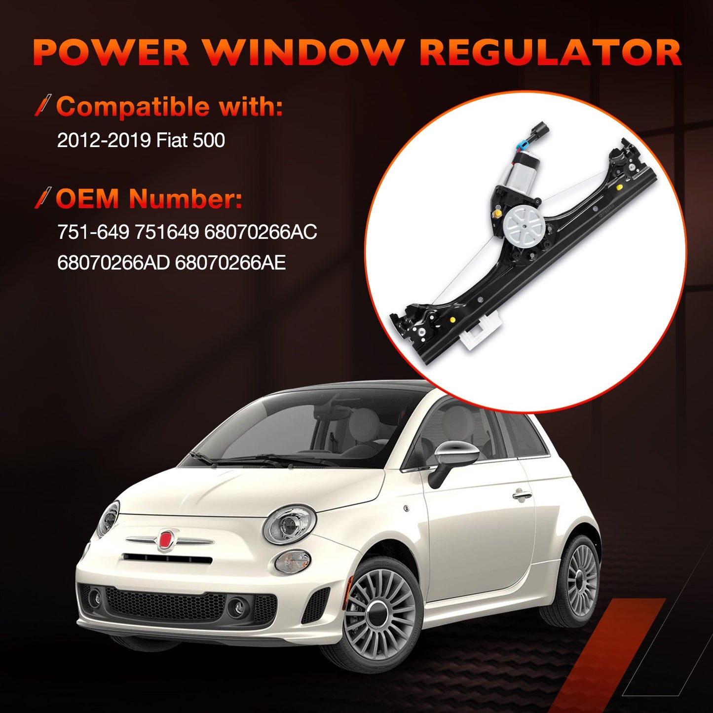 751-649 Front Right Power Window Regulator w/ Motor Assy For 2012-2019 Fiat 500