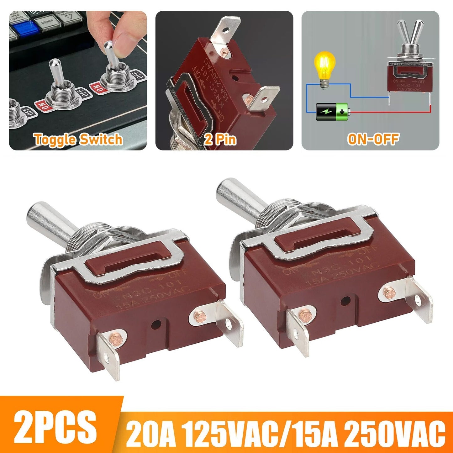 Heavy Duty 20A 125V & 15A 250V Toggle Switch SPST On-Off Amp 2 Terminal Car Boat