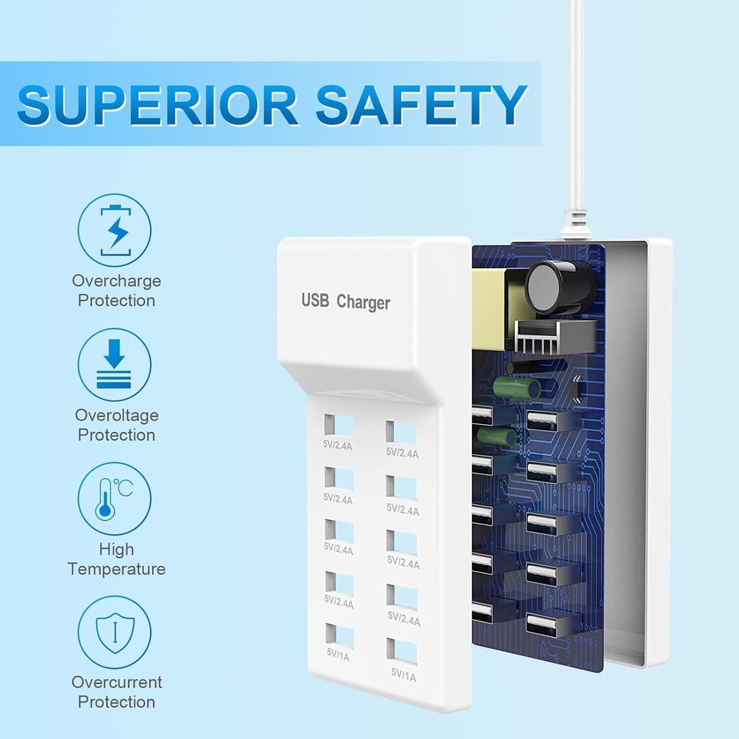 10 Port USB Charging Station Hub Power Adapter 50W Fast Charger for Phone Tablet