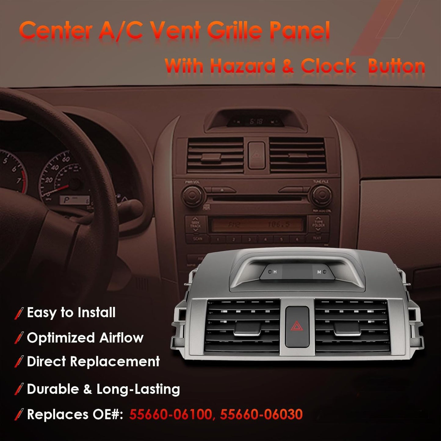 Center Dash A/C Air Vent Trim Panel w/ Emergency Switch Fit 09-13 Toyota Corolla