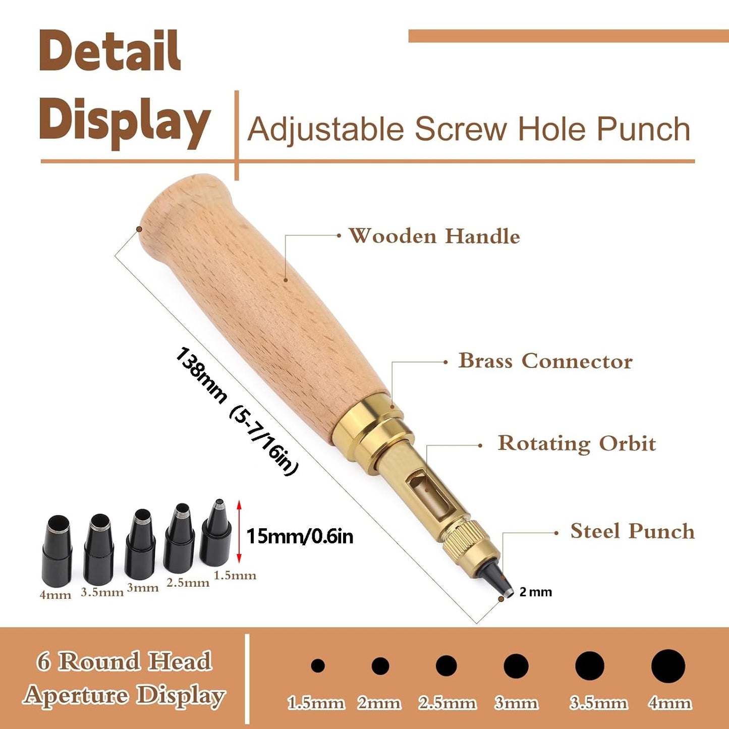 Manual Leather Hole Punch Tool with Handle 6 Replaceable Tips for Belt Bag Craft