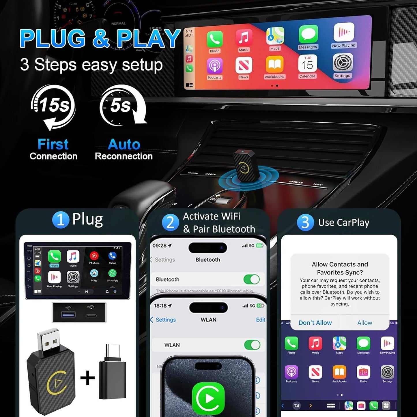 Wireless USB CarPlay Adapter Wireless Carplay Dongle For iPhone Apple Plug &Play
