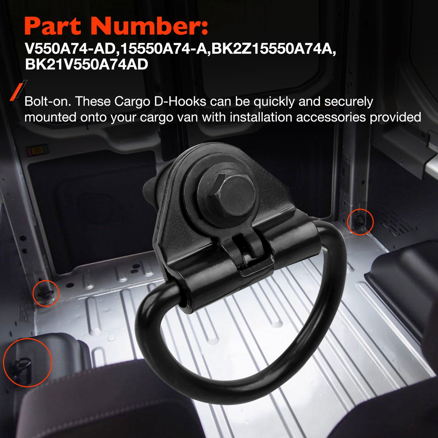 6x Black Steel Rear Cargo D-Hooks For 2015-2024 Ford Transit 150 250 350 350HD